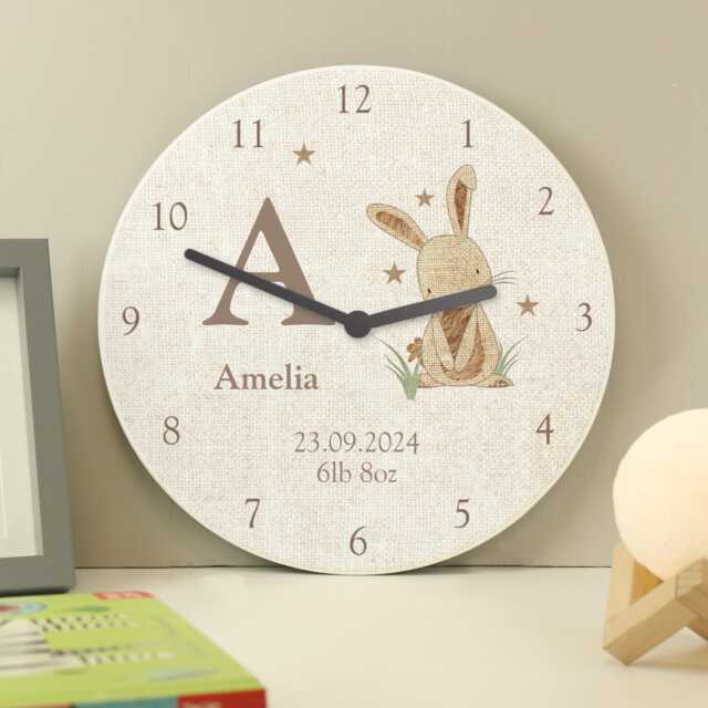 Personalised Hessian Rabbit Shabby Chic Large Wooden Clock - Nursery Decor Gift New Born 1st Birthday Christening - image 1