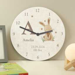 Personalised Hessian Rabbit Shabby Chic Large Wooden Clock - Nursery Decor Gift New Born 1st Birthday Christening - thumbnail 1