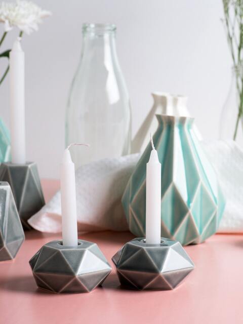 Geometric Grey Candlesticks, Modern Judaica, Ceramic Candle Holders, Trendy Housewarmig Gift, Pair Of Shabbat Made in Israel - image 1