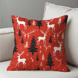 Reindeer Christmas Cushion Cover, Red Holiday Throw Pillowcase With White Deer & Pine Trees, Festive Winter Decor For Sofa Or Cabin - thumbnail 4