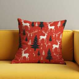 Reindeer Christmas Cushion Cover, Red Holiday Throw Pillowcase With White Deer & Pine Trees, Festive Winter Decor For Sofa Or Cabin - thumbnail 2