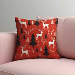 Reindeer Christmas Cushion Cover, Red Holiday Throw Pillowcase With White Deer & Pine Trees, Festive Winter Decor For Sofa Or Cabin - thumbnail 3