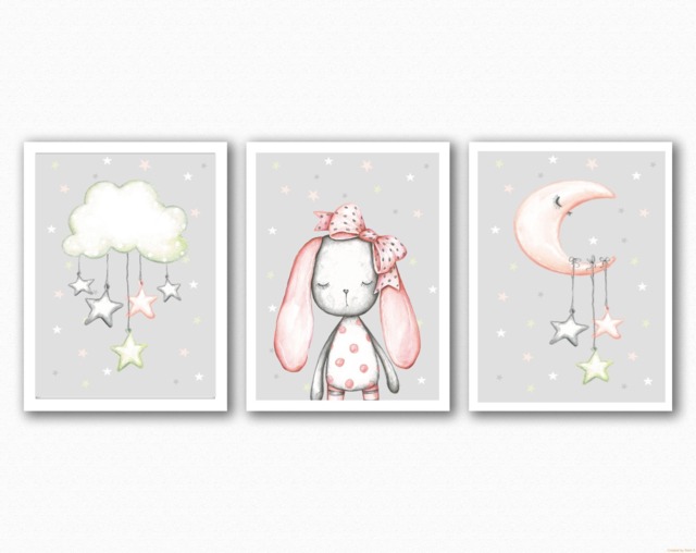 Bunny Nursery Prints Grey & Pink Watercolor Moon & Cloud Art