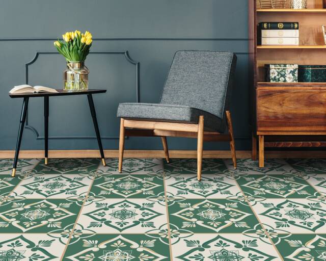 Modern Portugal Tiles Vinyl Flooring, Green Art Floor, Beige Gift For Her, Retro Bedroom Inspirations, Homecoming Proposal Ideas - image 1