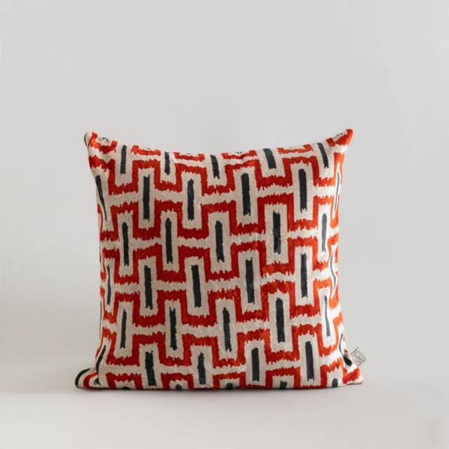 Silk Velvet Ikat Pillow Cover - Coral Antracite Covers - image 1