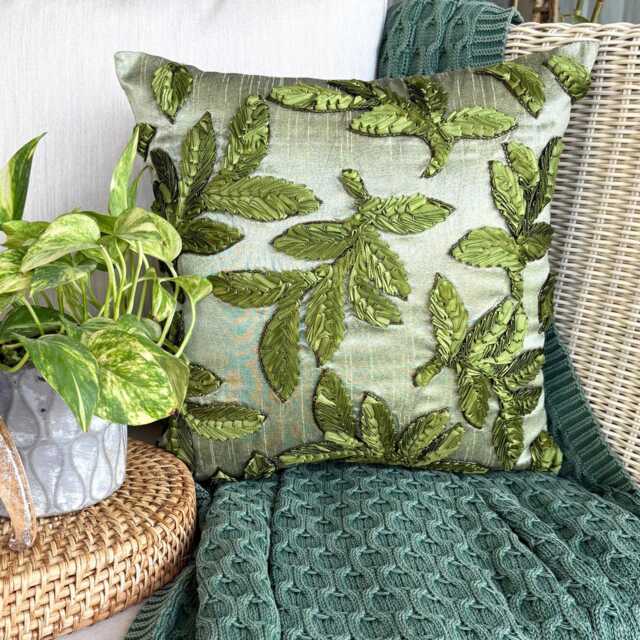 "Ribbon Embroidered Green Decorative Pillow Sham Cover, 24""x24""/26""x26" - image 1
