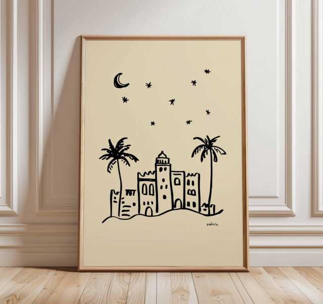 Minimalist Desert City Poster, Line Art Wall Print, Boho Palm Illustration, Modern Neutral Home Decor, Arabian Nightscape Poster - image 1