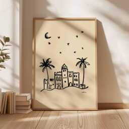 Minimalist Desert City Poster, Line Art Wall Print, Boho Palm Illustration, Modern Neutral Home Decor, Arabian Nightscape Poster - thumbnail 3