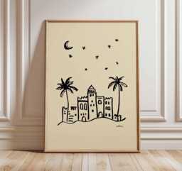 Minimalist Desert City Poster, Line Art Wall Print, Boho Palm Illustration, Modern Neutral Home Decor, Arabian Nightscape Poster - thumbnail 1