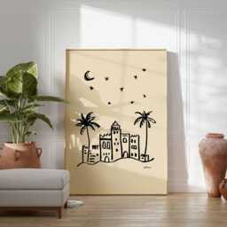 Minimalist Desert City Poster, Line Art Wall Print, Boho Palm Illustration, Modern Neutral Home Decor, Arabian Nightscape Poster - thumbnail 2
