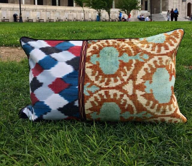 Uzbek Ikat Velvet Lumbar Pillow Cover Traditional Handwoven Silk Fabric - image 1