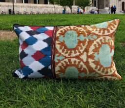 Uzbek Ikat Velvet Lumbar Pillow Cover Traditional Handwoven Silk Fabric - thumbnail 1