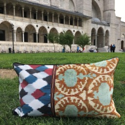 Uzbek Ikat Velvet Lumbar Pillow Cover Traditional Handwoven Silk Fabric - thumbnail 3