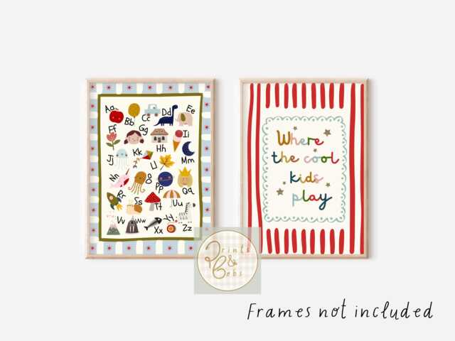 Set Of 2 Bright Playroom, Bedroom Or Nursery Prints. Alphabet & Where The Cool Kids Play Quote - Unframed - image 1
