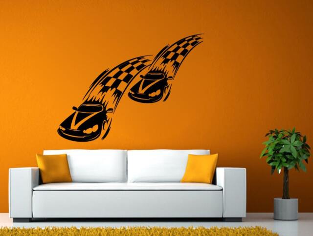 Two Racing Cars Smoke Checkered Flag Wall Window Sticker Decal Vinyl Fathead Mural Decor L1928 - image 1