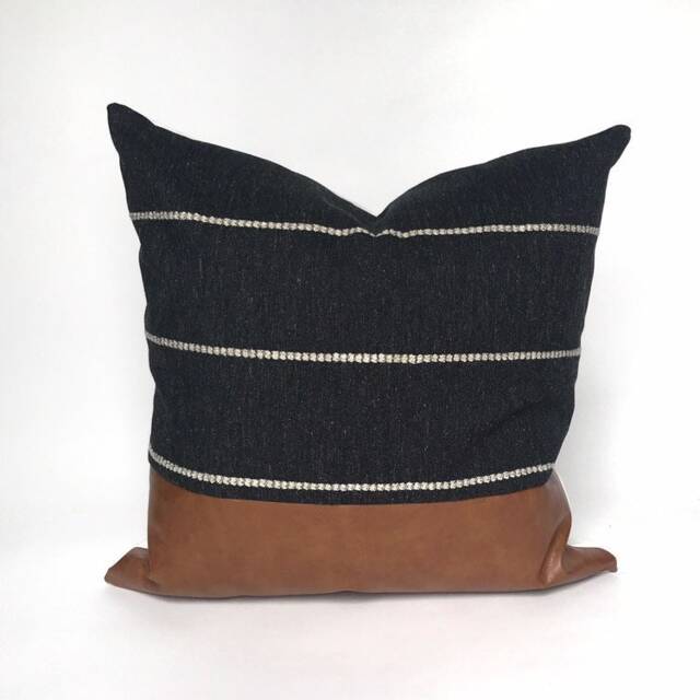 Charcoal Stripe Color Block Pillow Cover, Black & Faux Leather Pillow, White Modern - image 1