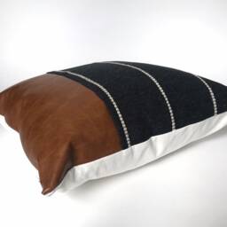 Charcoal Stripe Color Block Pillow Cover, Black & Faux Leather Pillow, White Modern - thumbnail 2
