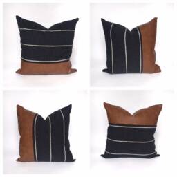 Charcoal Stripe Color Block Pillow Cover, Black & Faux Leather Pillow, White Modern - thumbnail 3