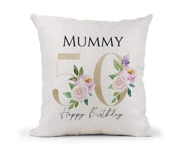 Personalised 50Th Special Birthday Cushion Gold & Purple Floral Mum, Nan, Friend, Sister Gift Keepsake - image 1