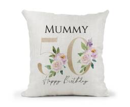 Personalised 50Th Special Birthday Cushion Gold & Purple Floral Mum, Nan, Friend, Sister Gift Keepsake - thumbnail 1