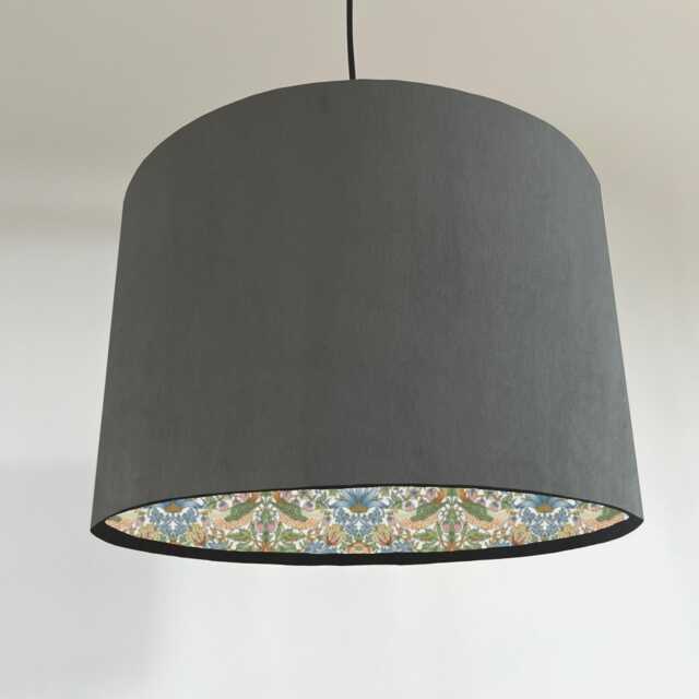 Grey Velvet Drum Lampshade/ Ceiling Shade William Morris Strawberry Thief Sky Interior - image 1