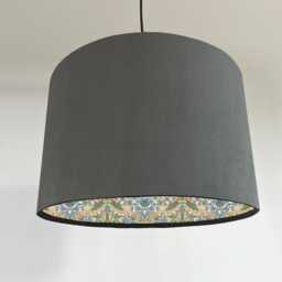 Grey Velvet Drum Lampshade/ Ceiling Shade William Morris Strawberry Thief Sky Interior - thumbnail 1