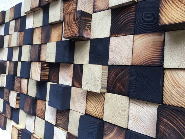 Reclaimed Wood Wall Art Sculpture - Geometric Mosaic, Gold Black Burned - image 1