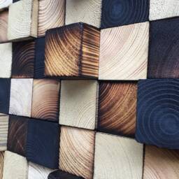 Reclaimed Wood Wall Art Sculpture - Geometric Mosaic, Gold Black Burned - thumbnail 3