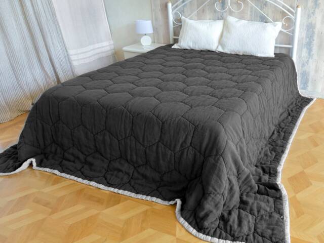 Stonewashed Linen Winter Quilt, Big Hexagon Stitch, Double-Sided King Blanket, Modern Eco Bedding - image 1