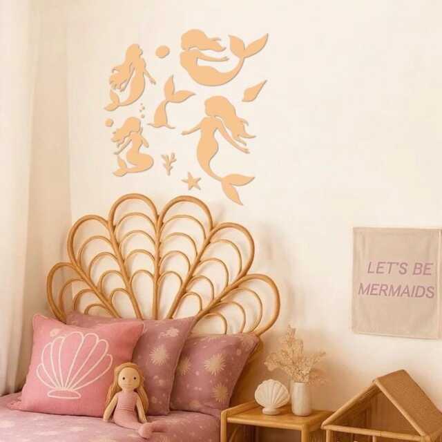Wooden Mermaids - Boho Nursery Mermaid Decor Whimsical Bedroom Under The Sea Theme Girls Decor- Wall Decals - image 1