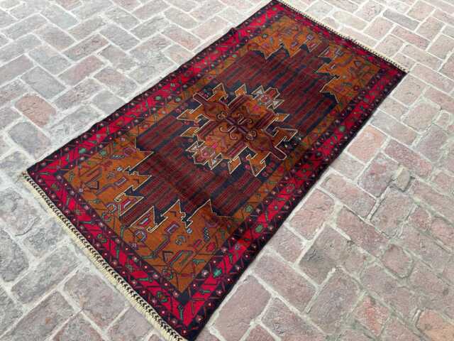 3x6 Baluchi Wool Carpet - Afghan Hand-Knotted Tribal Rug Rich Red Oriental Accent For Living Room, Office Or Entryway Boho Gift - image 1