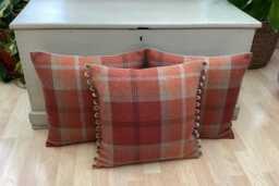 Tartan Tweed Pillow Cover Set Of 3 Burnt Orange Balmoral With Pompom Trim - thumbnail 1