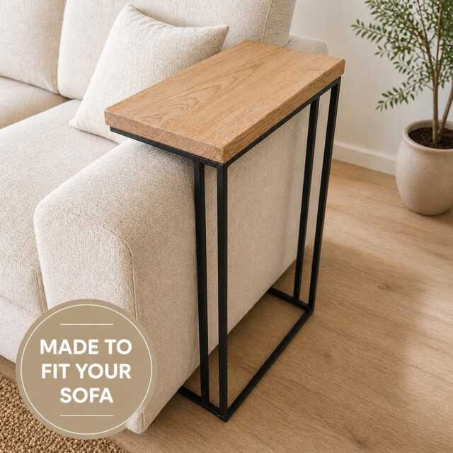Industrial Oak Steel Sofa Arm Table - Handmade Couch Drink Holder, Custom Size - image 1