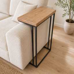 Industrial Oak Steel Sofa Arm Table - Handmade Couch Drink Holder, Custom Size - thumbnail 3