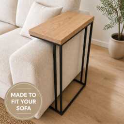 Industrial Oak Steel Sofa Arm Table - Handmade Couch Drink Holder, Custom Size - thumbnail 1