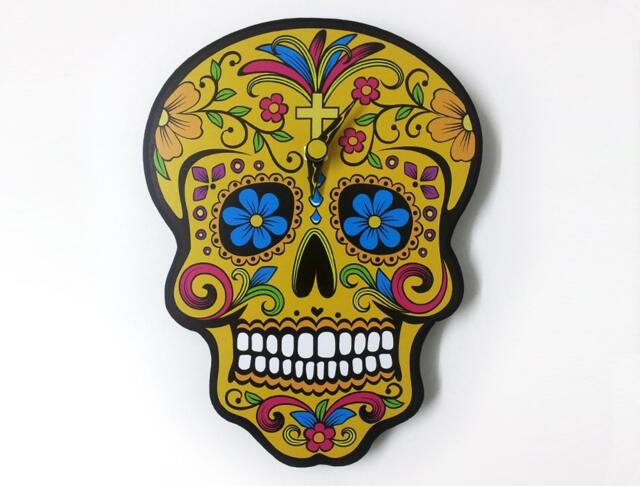 Yellow Sugar Skull - Day Of The Dead -Dia De Los Muertos Calavera Wall Clock - image 1