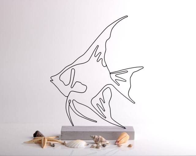 Wire Fish Sculpture Abstract Minimalist Art On Concrete Base - image 1