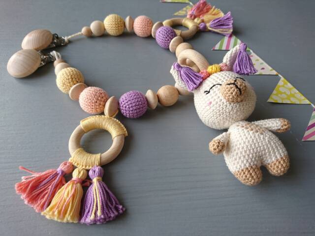Crocheted Llama Stroller Chain Handmade Baby Toy, Gender Neutral - image 1