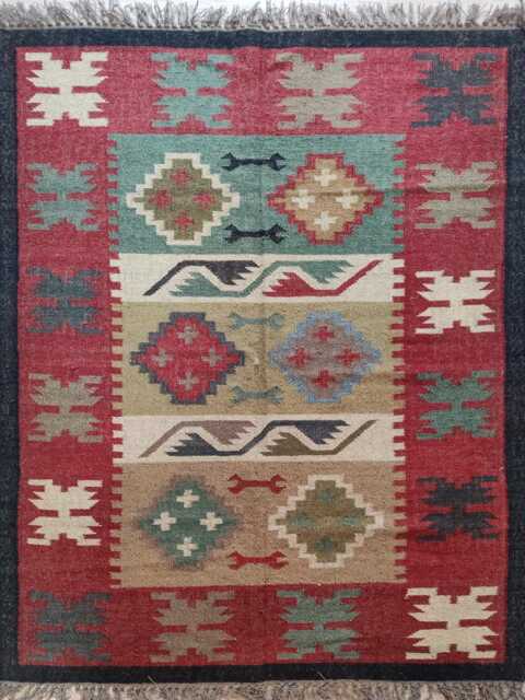 Handwoven Wool Jute Kilim Rug - Red & Sage Tribal Flatweave Carpet Reversible Area - image 1