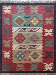 Handwoven Wool Jute Kilim Rug - Red & Sage Tribal Flatweave Carpet Reversible Area - thumbnail 1