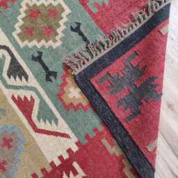 Handwoven Wool Jute Kilim Rug - Red & Sage Tribal Flatweave Carpet Reversible Area - thumbnail 4