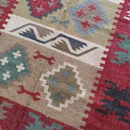Handwoven Wool Jute Kilim Rug - Red & Sage Tribal Flatweave Carpet Reversible Area - thumbnail 2
