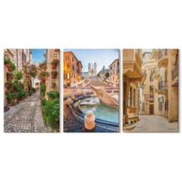 Canvas Set Of 3 Wall Art - Charming Streets & Fountains in Picturesque Architecture, Brown Picture Print, Travels Decor - thumbnail 2