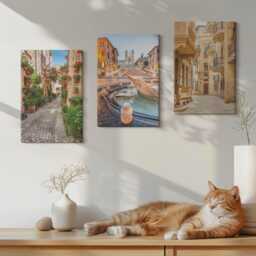 Canvas Set Of 3 Wall Art - Charming Streets & Fountains in Picturesque Architecture, Brown Picture Print, Travels Decor - thumbnail 3