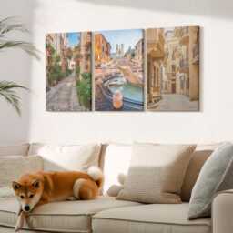 Canvas Set Of 3 Wall Art - Charming Streets & Fountains in Picturesque Architecture, Brown Picture Print, Travels Decor - thumbnail 1