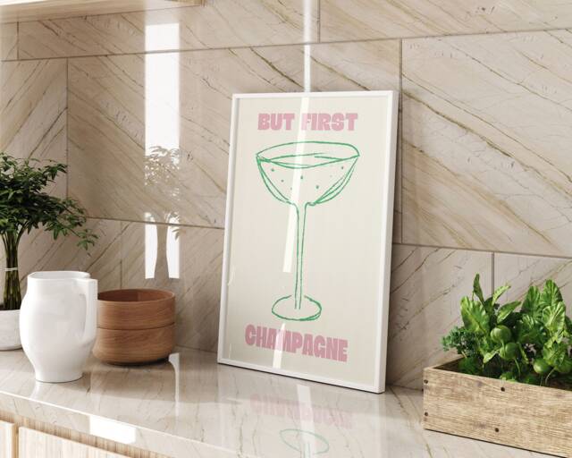 But First Champagne Typography Wall Art Print Modern Bar Cart Decor Black & White Quote Framed Or Unframed Gift Idea - image 1