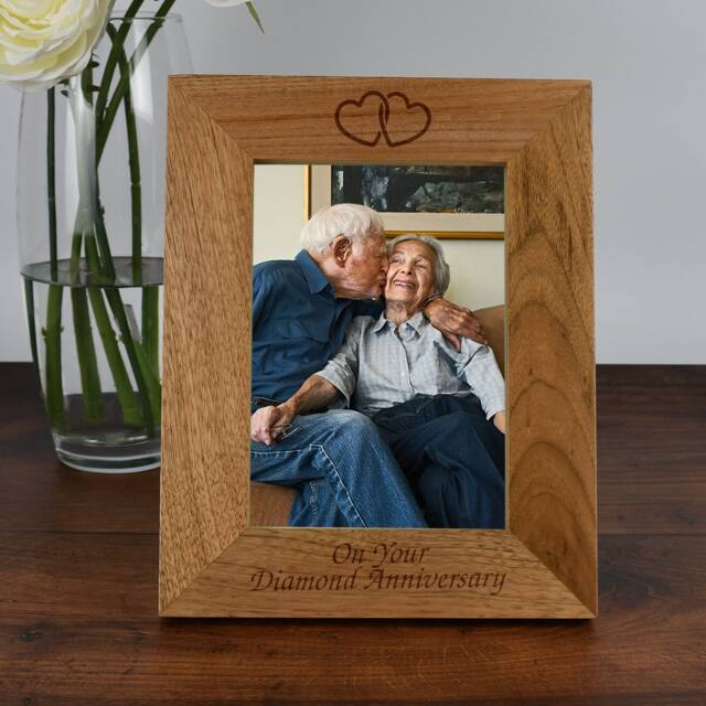 Personalised Wooden Photo Frame Diamond Wedding Anniversary Gift - 60Th Present For Couple, Parents, Mum & Dad, 4x6 5x7 - image 1