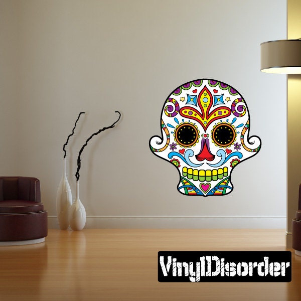Sugar Skull Wall Decal - Fabric Vinyl Removable & Reusable Sugarskulluscolor007Et