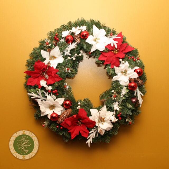 Red Winter Wreath Holiday Poinsettia Christmas Pine Seasonal Decor Gift Wreaths Under 100