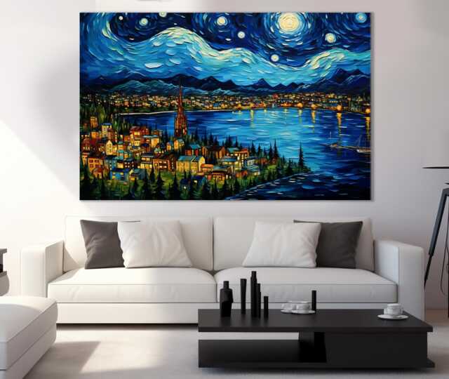 Traverse City Canvas Print in Van Gogh Starry Night Style, Michigan Wall Art, Grand Bay Poster, Print - image 1